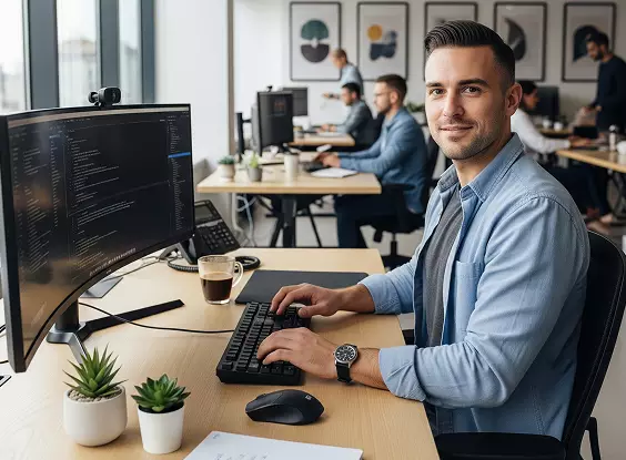 A designer working on a user interface on a large screen.
