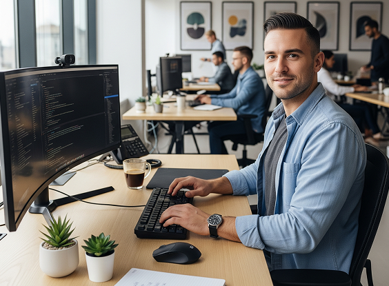 A designer working on a user interface on a large screen.